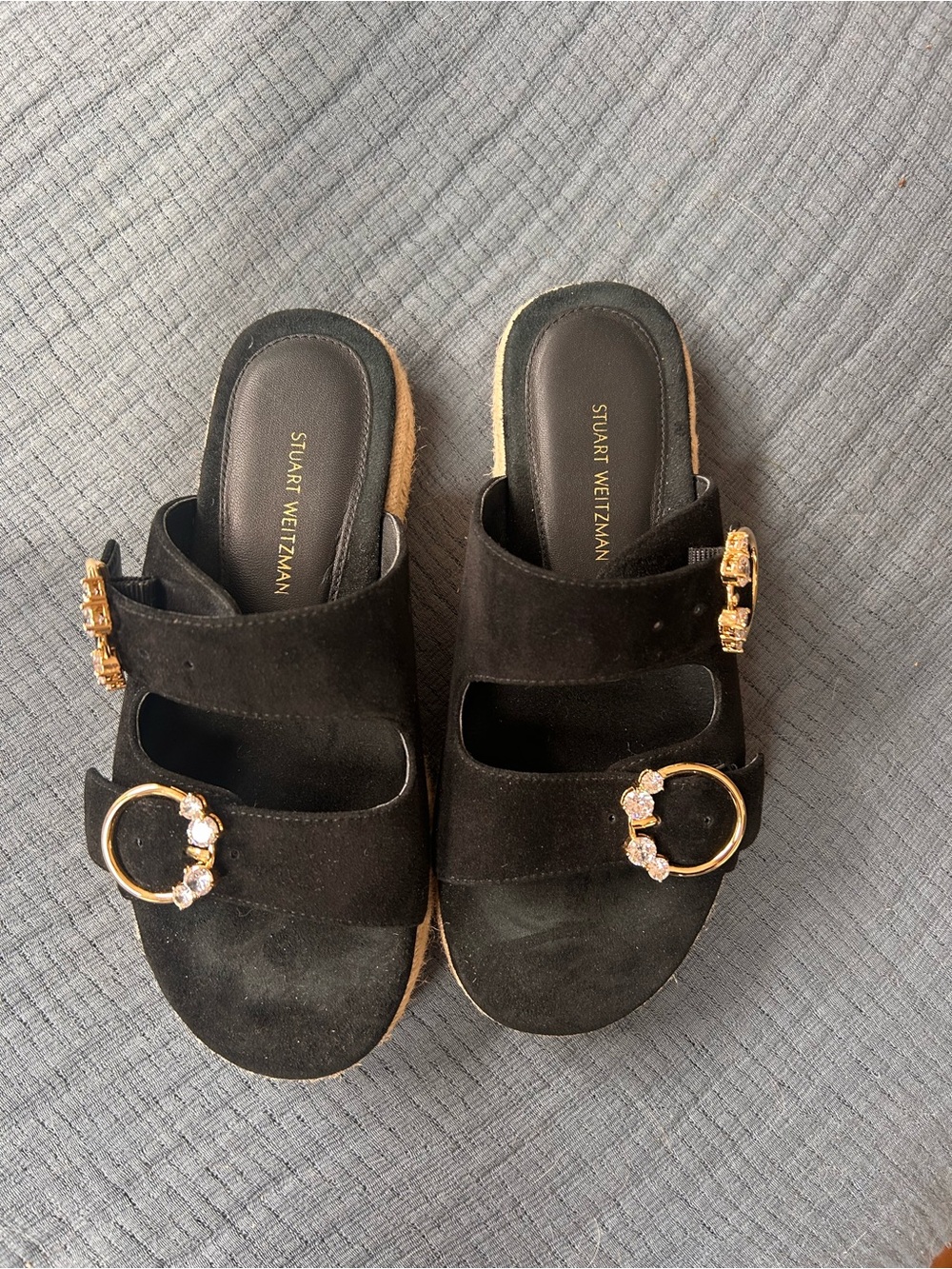 Stuart Weitzman black suede Crystal Ring espadrille flat slide sandals - Picture 7 of 8